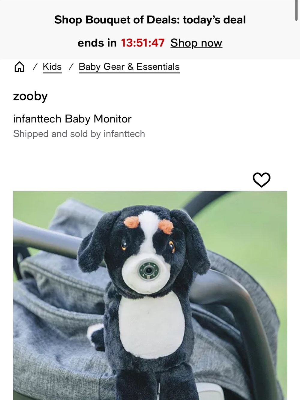 Zooby Black & White Plush Dog Baby Monitor - Clip-On Nursery Camera Toy
